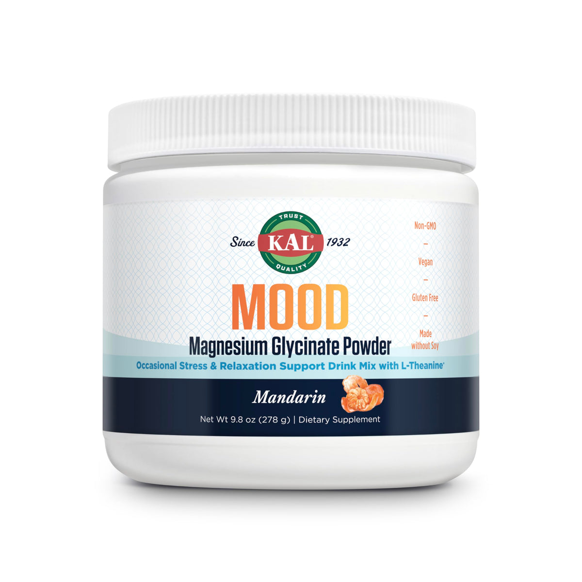 KAL envase frontal del Mood Magnesium Powder mostrando sabor mandarina y sin azúcares