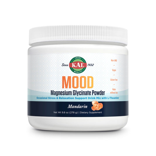 KAL envase frontal del Mood Magnesium Powder mostrando sabor mandarina y sin azúcares