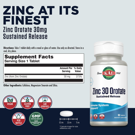 KAL tableta de zinc orotate en primer plano, textura y forma visibles
