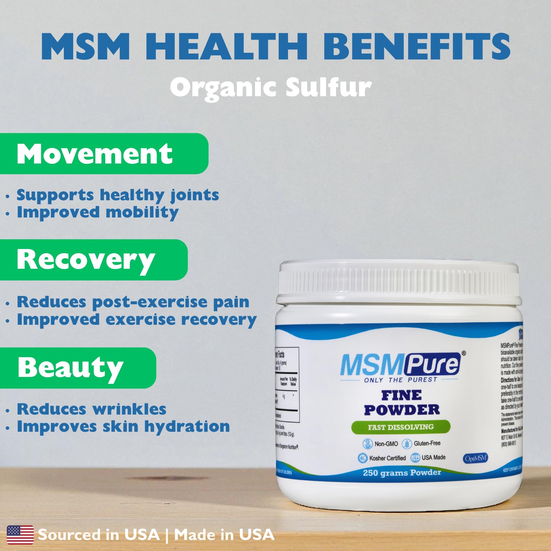 KALA HEALTH polvo fino de MSM mostrando textura disoluble