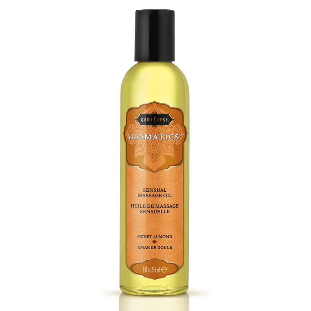Kama Sutra frente del envase de aceite de masaje almendra dulce, presentación 8 oz beneficios de aromatizar