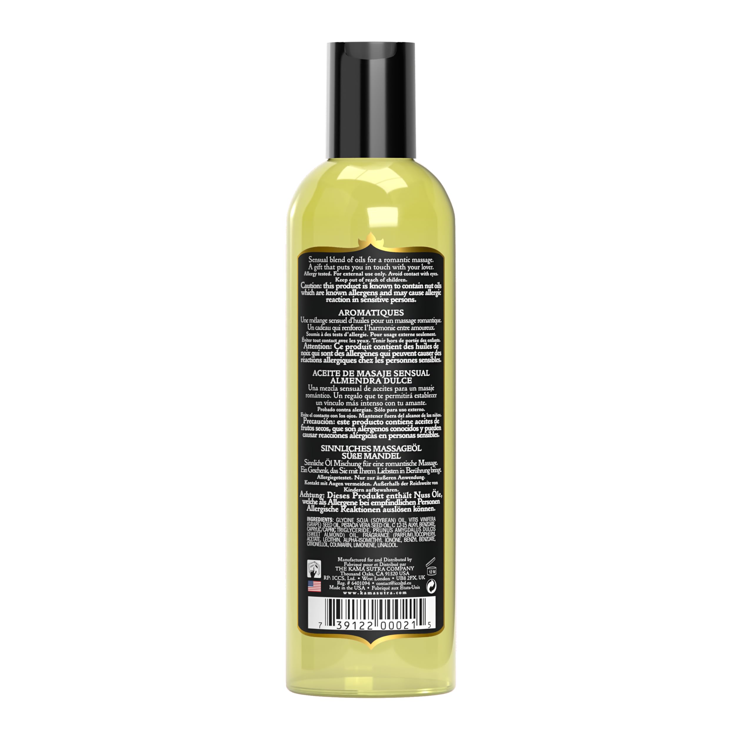 Kama Sutra primer plano de textura del aceite de almendra, aspecto sedoso y buen deslizamiento