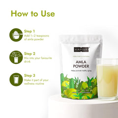 Kapiva batido con amla servido en vaso, aporta sabor y nutrientes