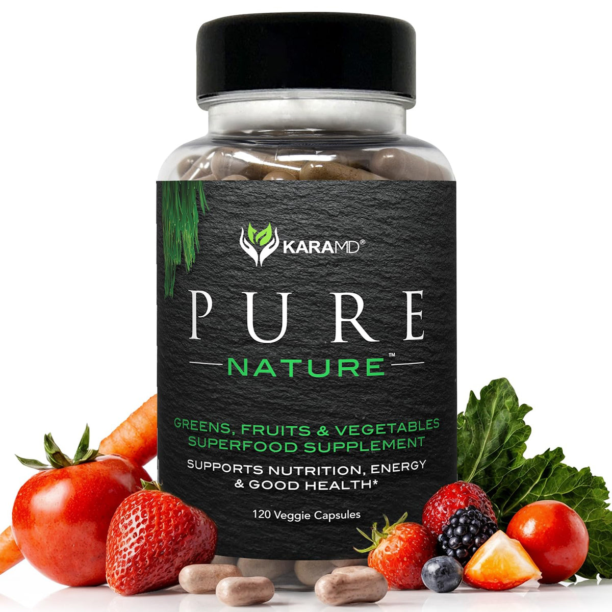 KaraMD Pure Nature empaque frontal mostrando porciones y beneficios