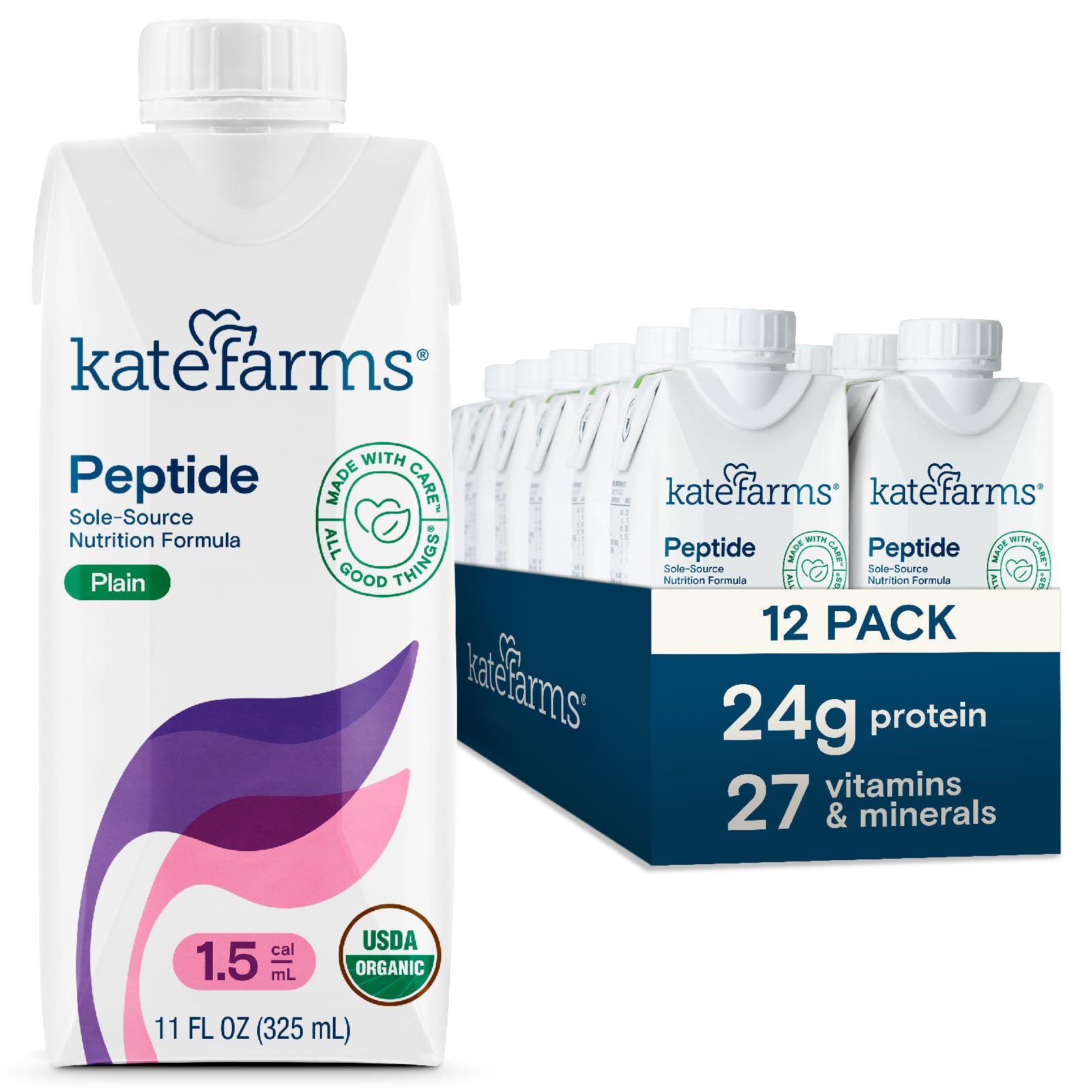 Kate Farms vista frontal del cartón mostrando la marca y beneficio nutricional
