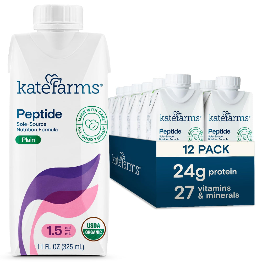 Kate Farms vista frontal del cartón mostrando la marca y beneficio nutricional