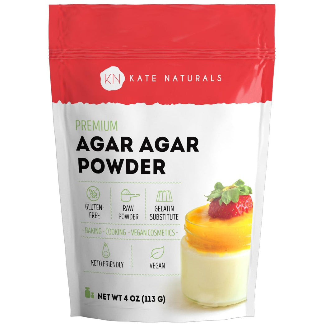 Kate Naturals agar agar en polvo vista frontal y envase, útil para recetas veganas
