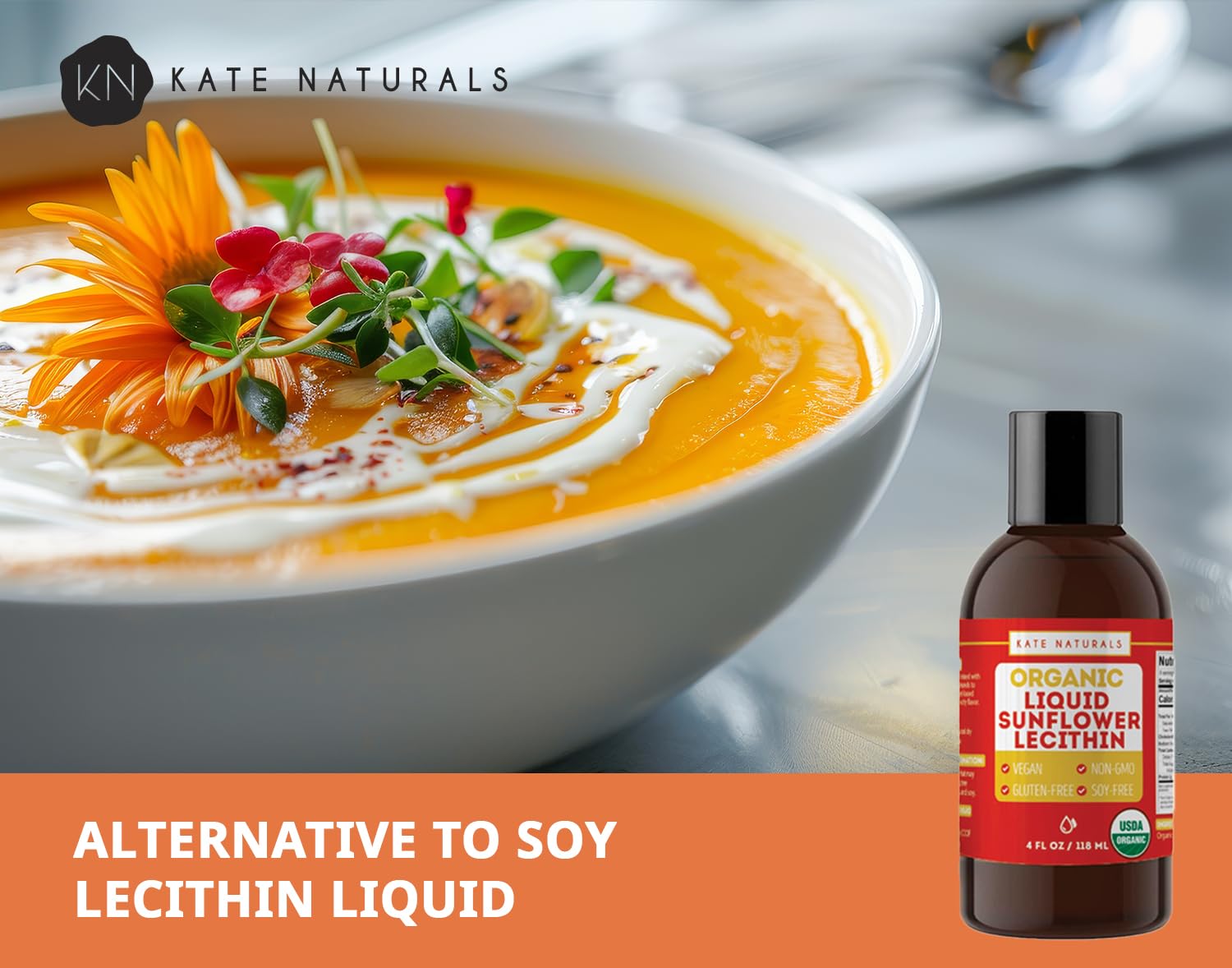 Kate Naturals bote en encimera con ingredientes, ideal para uso cotidiano