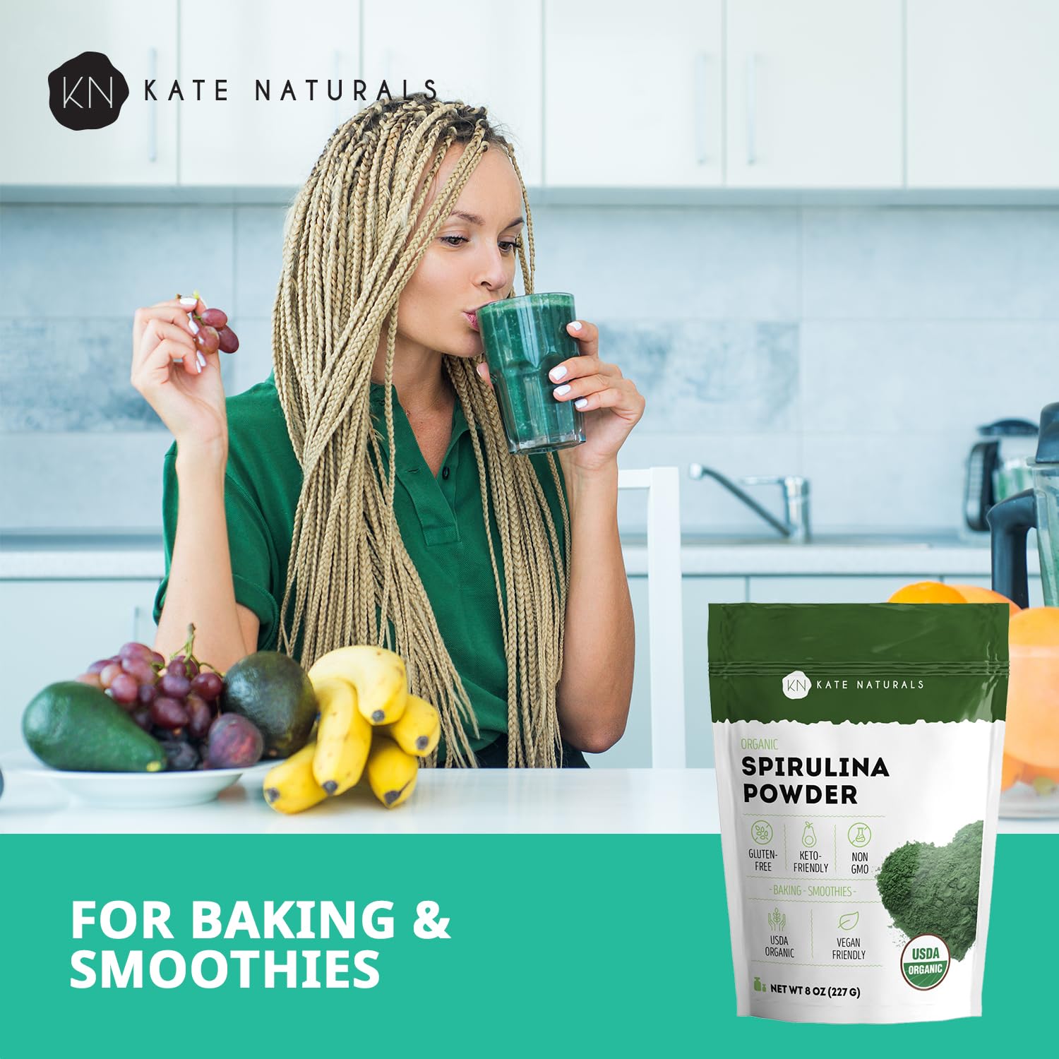 Kate Naturals batido con spirulina listo para beber y aporte nutritivo
