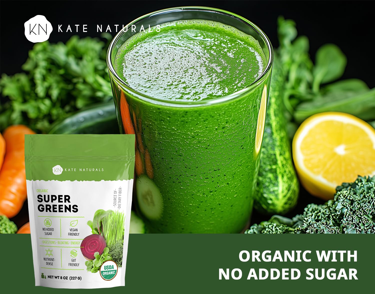 Kate Naturals comparación de tamaño del envase, información de porciones