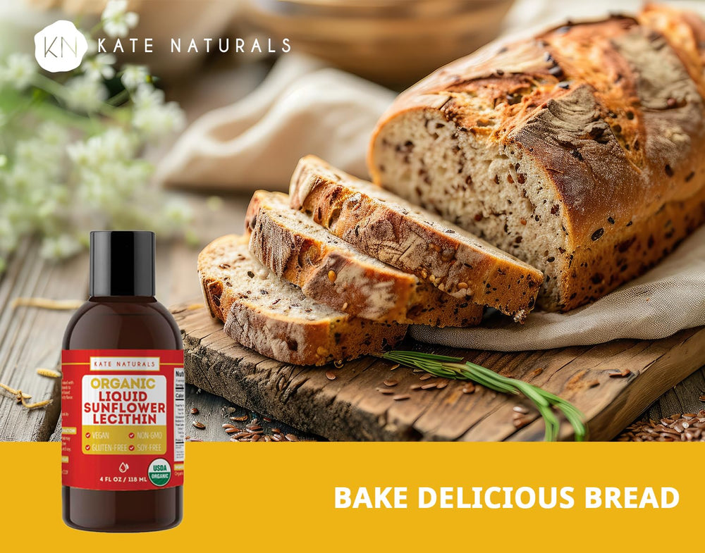 Kate Naturals botella junto a objetos de cocina para mostrar tamaño práctico