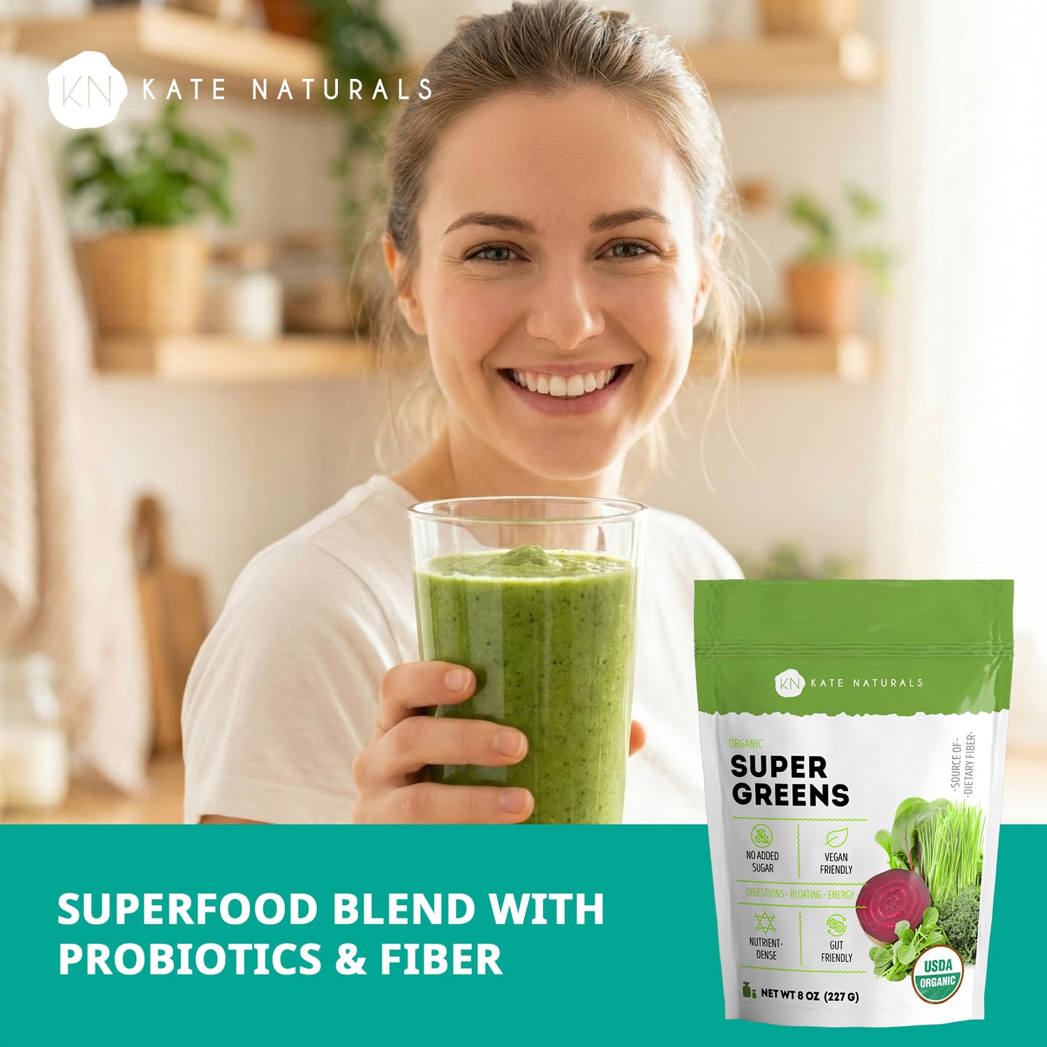 Kate Naturals en batido verde listo para beber, rapidez y conveniencia