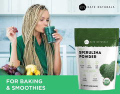 Kate Naturals polvo en smoothie mostrando beneficio nutritivo inmediato