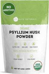 Kate Naturals envase frontal de psyllium husk powder mostrando presentación orgánica y tamaño 12 oz