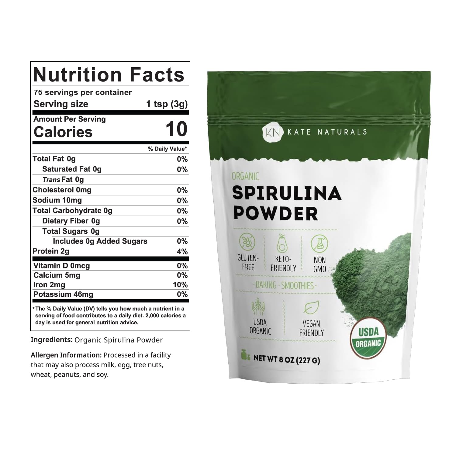 Kate Naturals etiqueta con certificaciones USDA Organic y Non-GMO