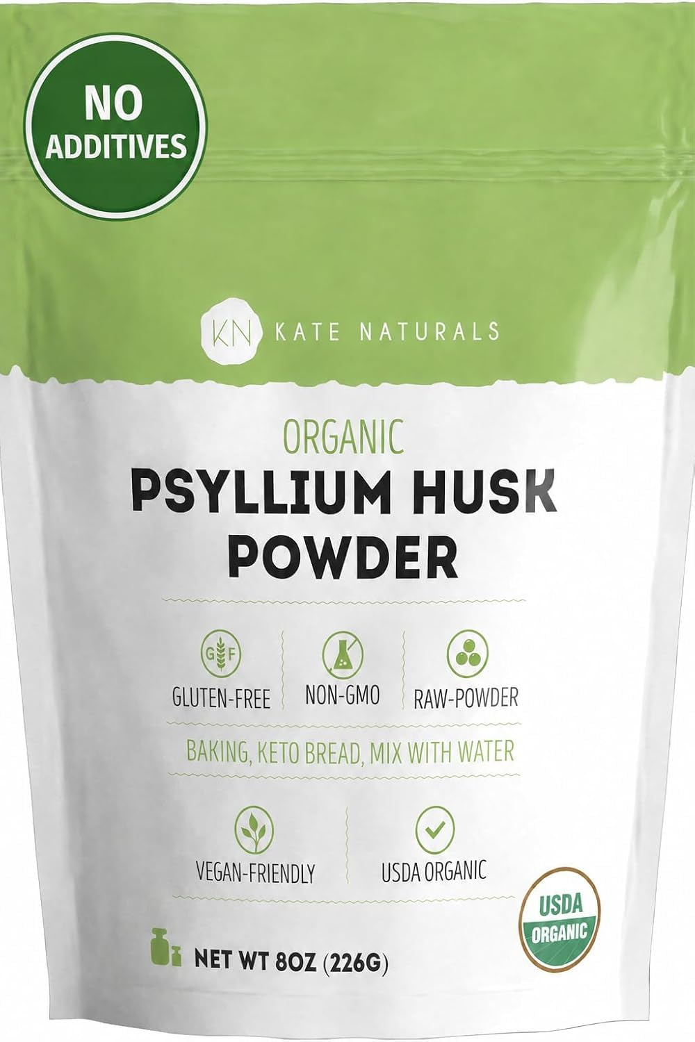 Kate Naturals frente del envase mostrando el sello orgánico y tamaño 8 oz, fácil identificación