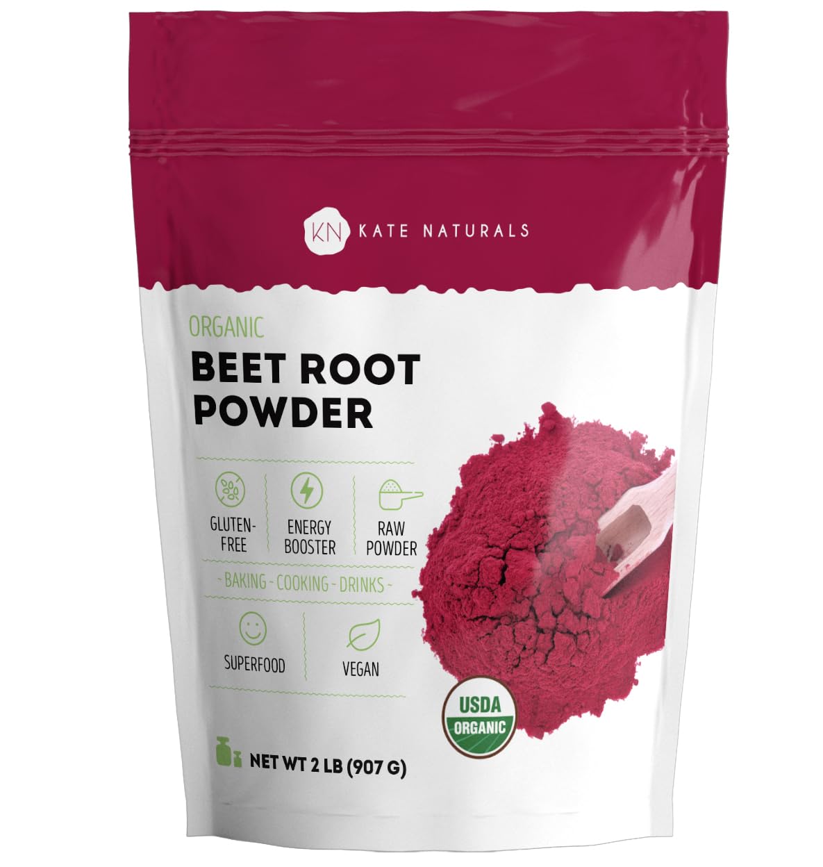 Kate Naturals frente del envase mostrando 2 lb y beneficios orgánicos