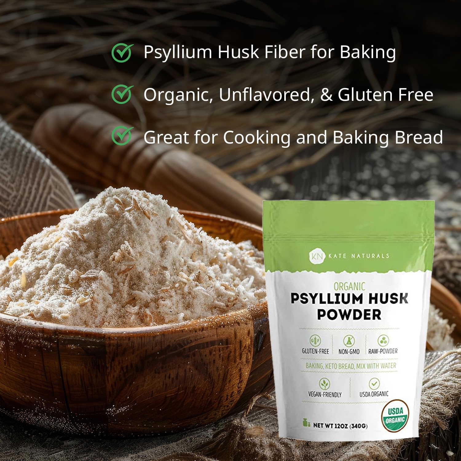 Textura fina del psyllium Kate Naturals en primer plano que muestra su fácil mezcla y absorción