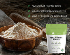 Kate Naturals primer plano de polvo fino de psyllium, textura ideal para mezclar