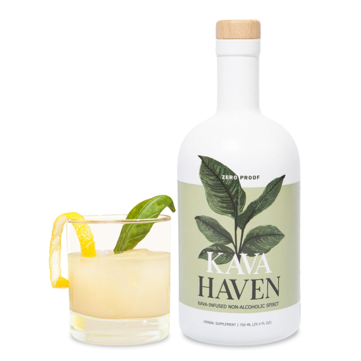 Kava Haven botella frontal Lemon Ginger mostrando diseño y 750 mL, alternativa baja en calorías