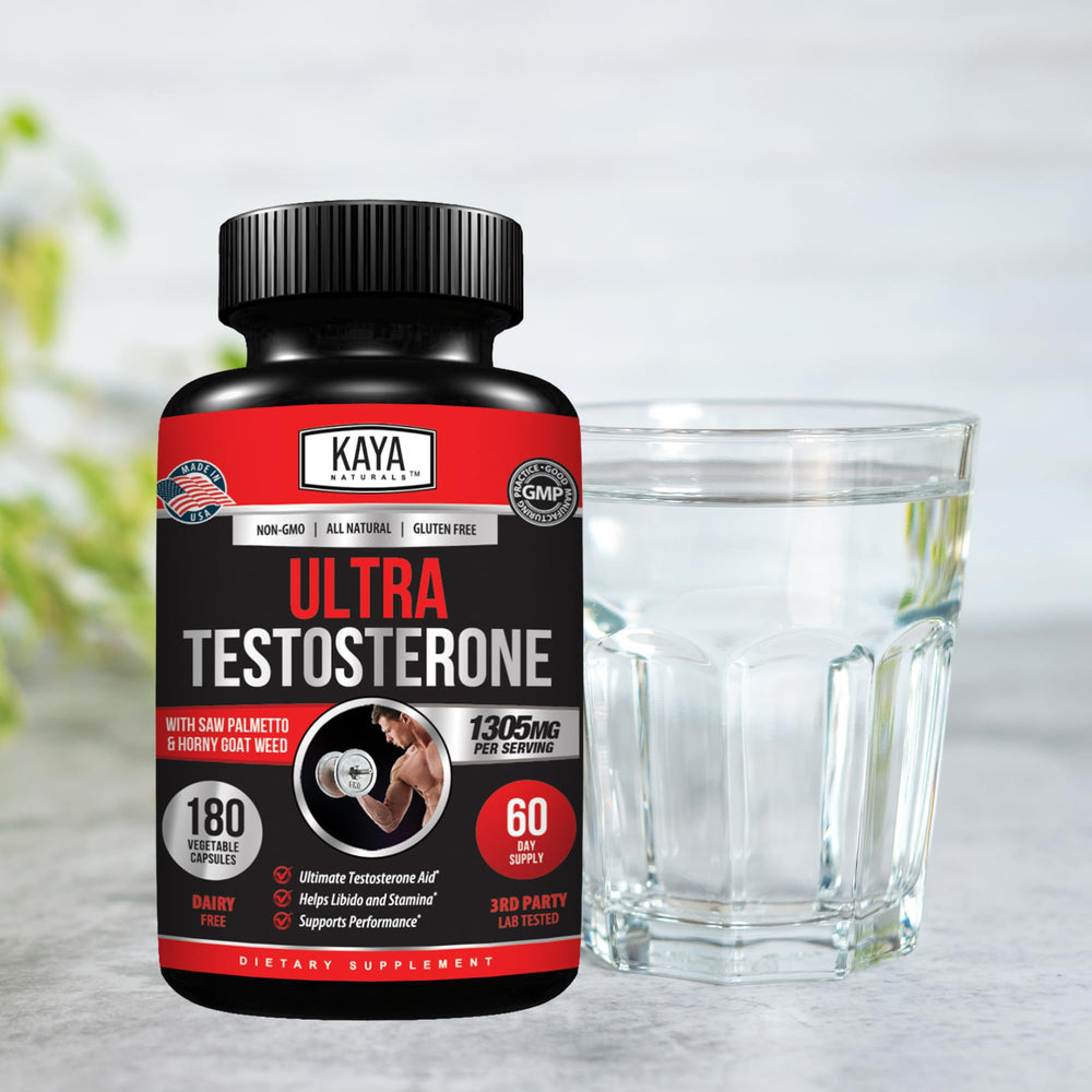 Kaya Naturals UltraTest botella abierta con cápsulas dentro para conveniencia