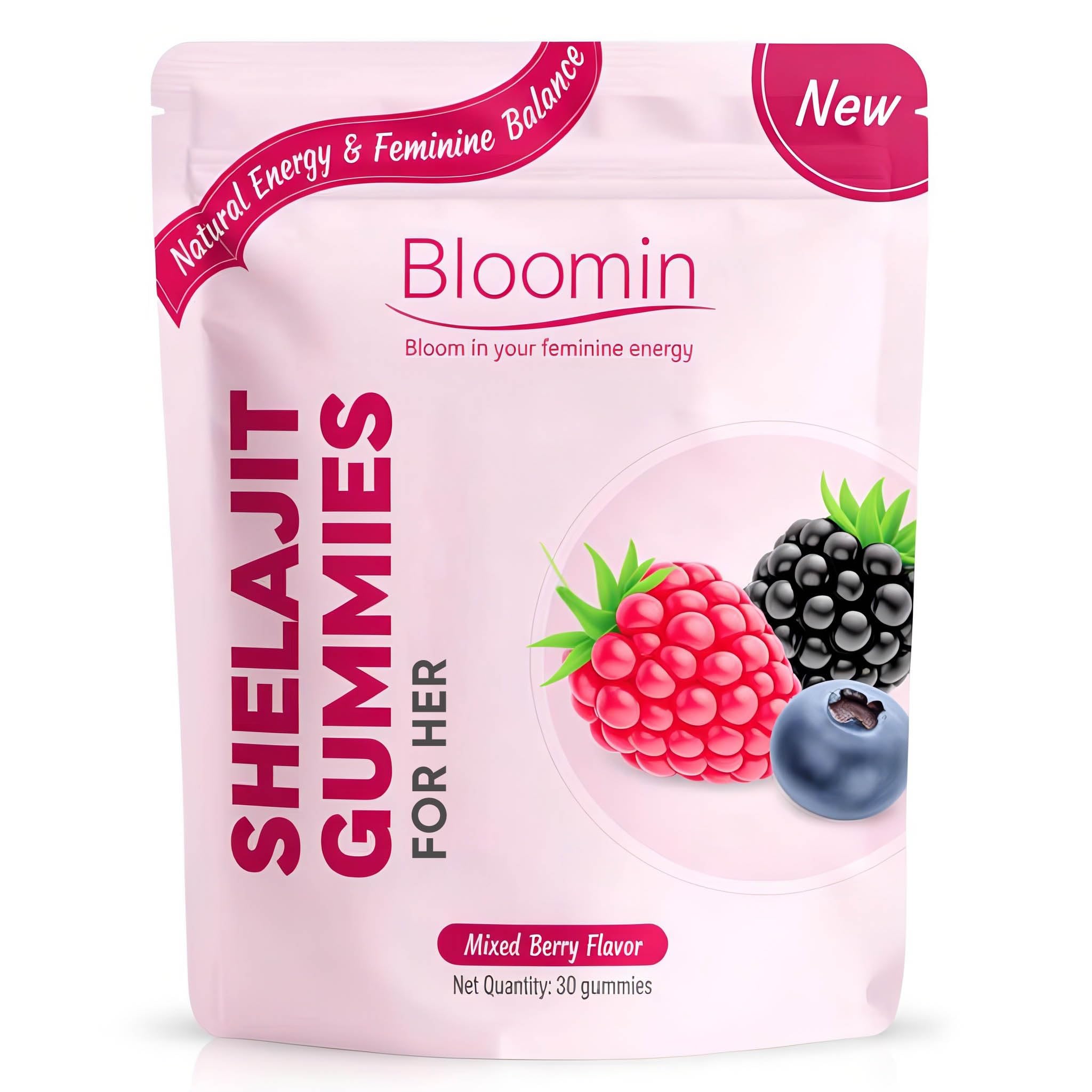 KBKTWOLT empaque frontal de Bloomin Shilajit Gummies mostrando portabilidad y frescura