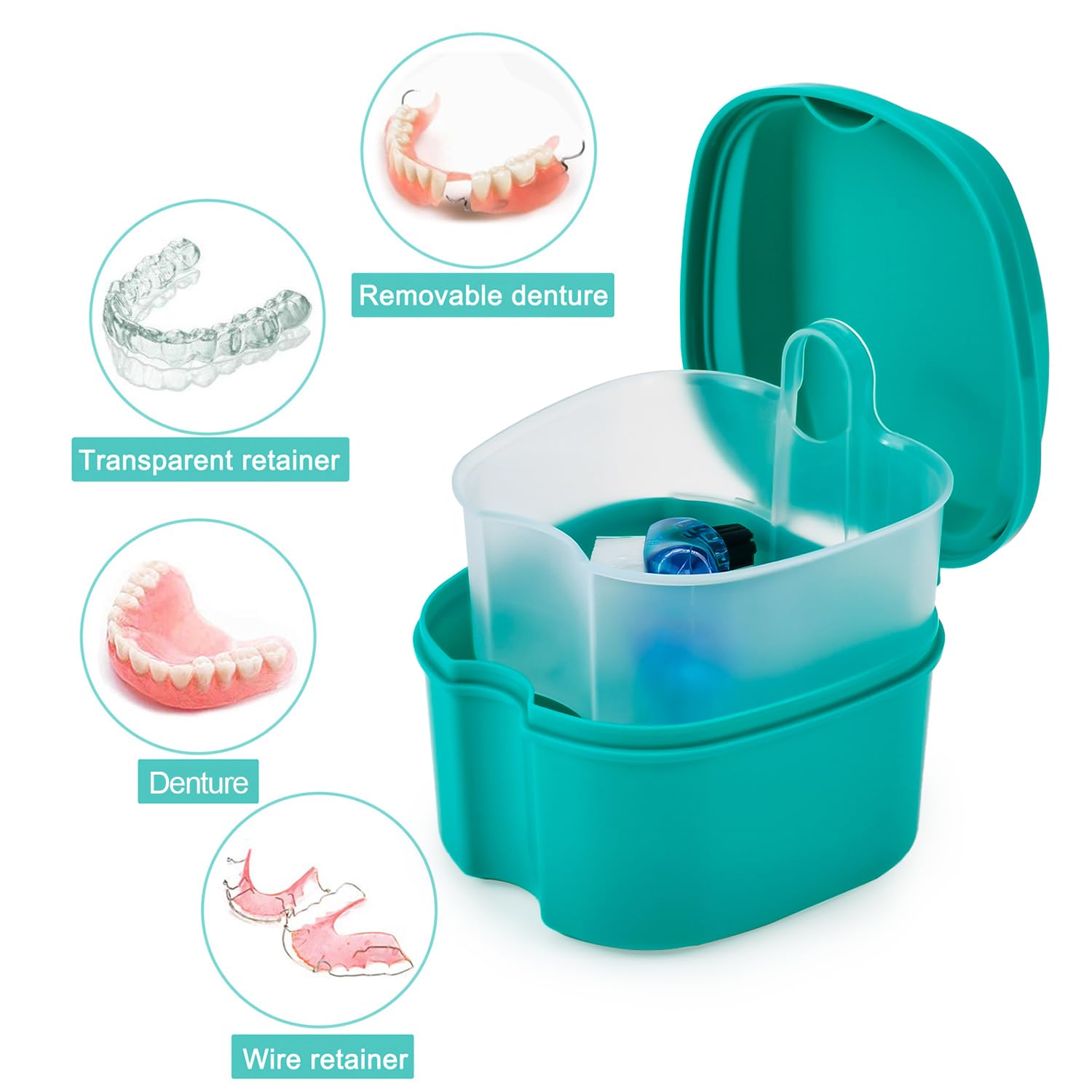 Keedolla estuche abierto con prótesis remojándose para limpieza cómoda