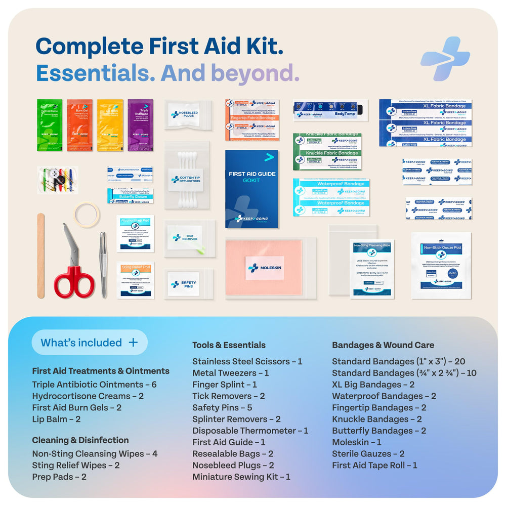 KEEP>GOING primer plano de apósitos variados para curas rápidas