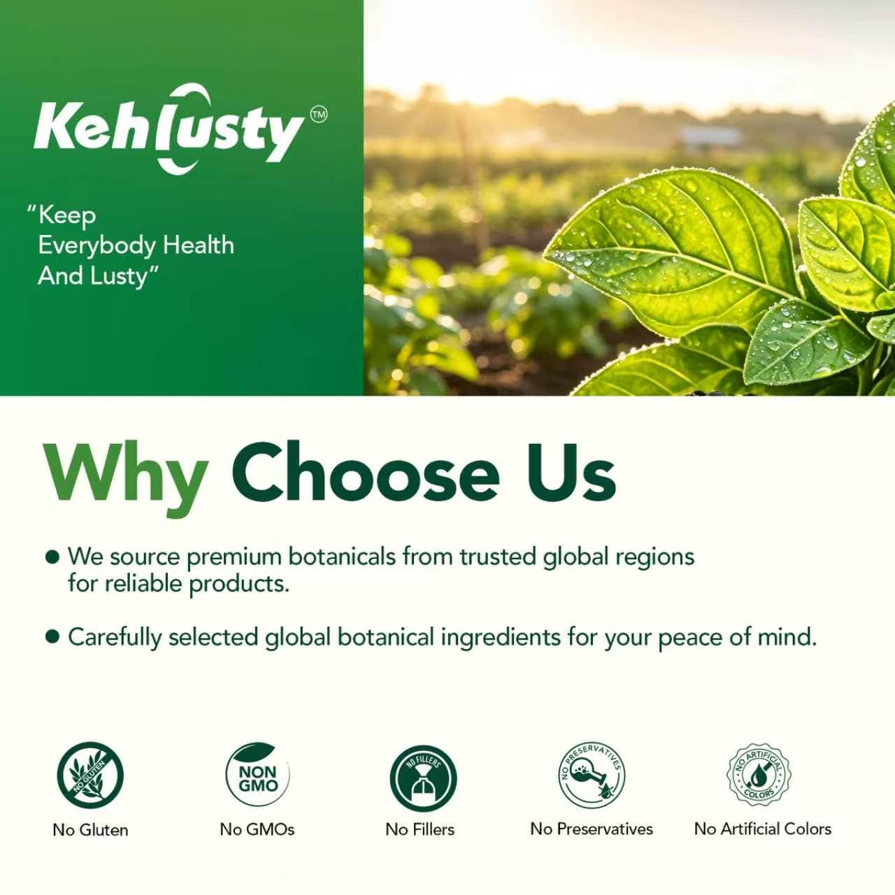 KEHLUSTY ingredientes orgánicos en envase, garantía de origen certificado