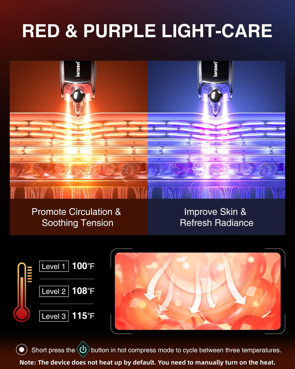 kensen panel con botones calor y vibración para ajustes precisos