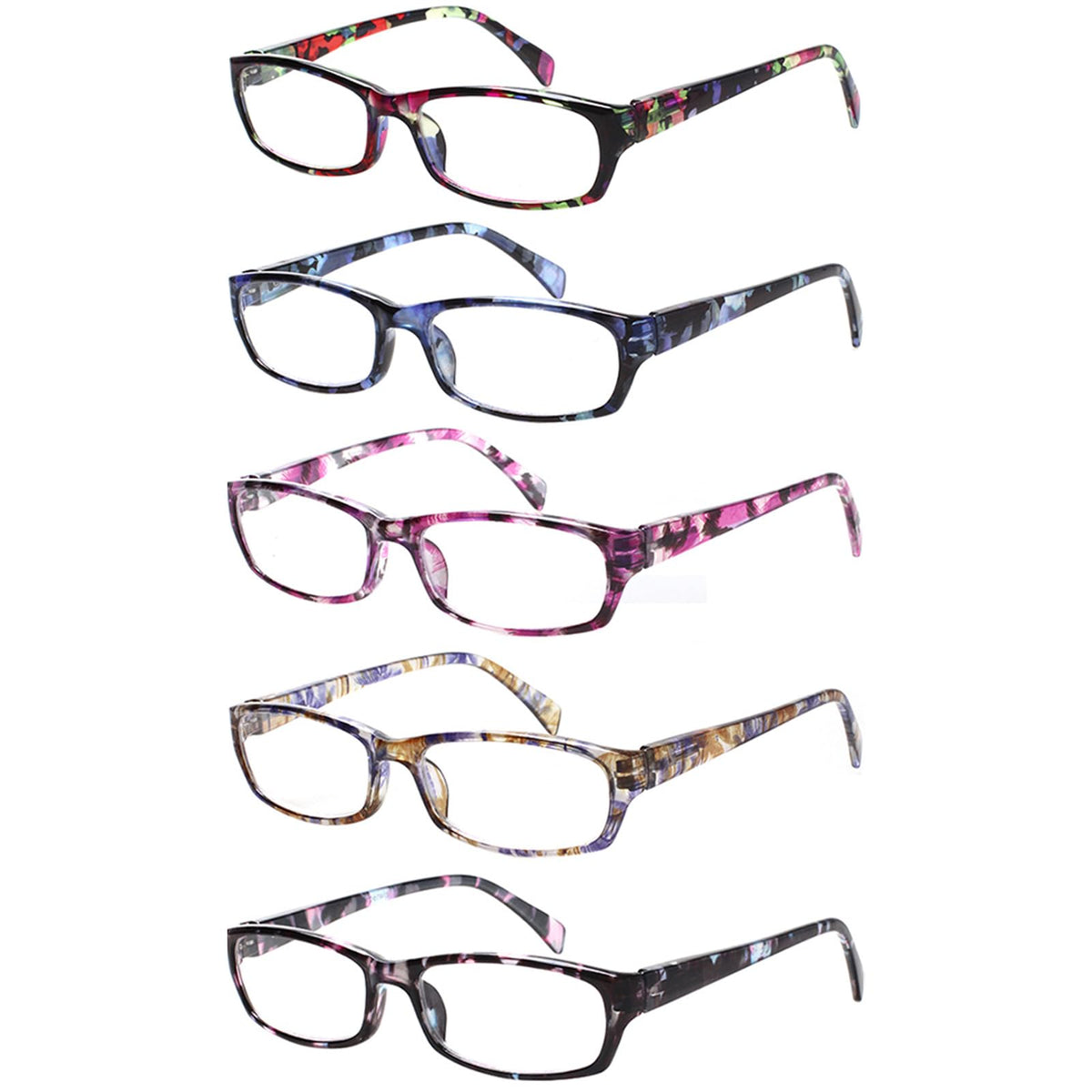 Kerecsen vista frontal del pack de cinco gafas mostrando colores y formas, opción práctica