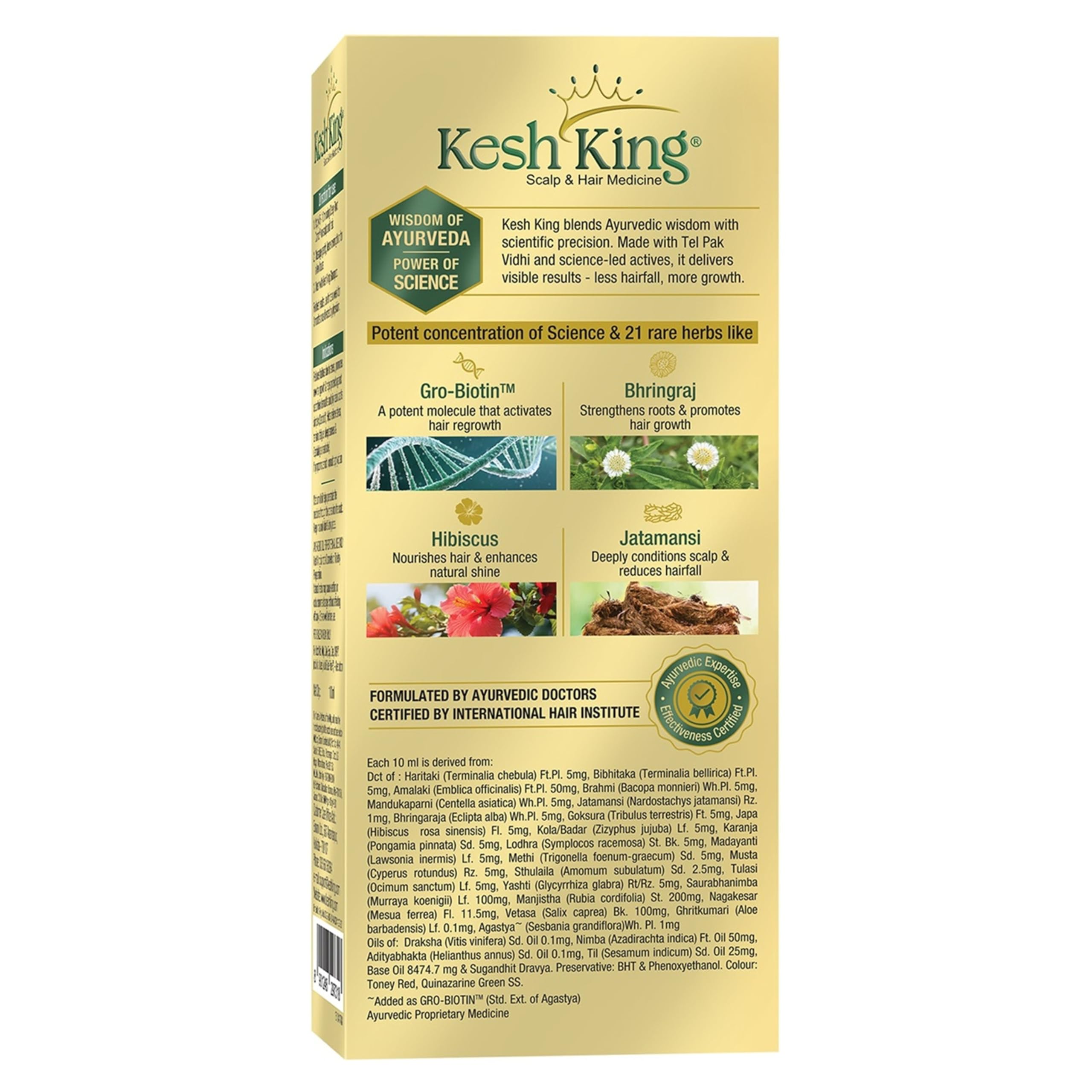 KESH KING etiqueta con lista de hierbas destacando formulación natural