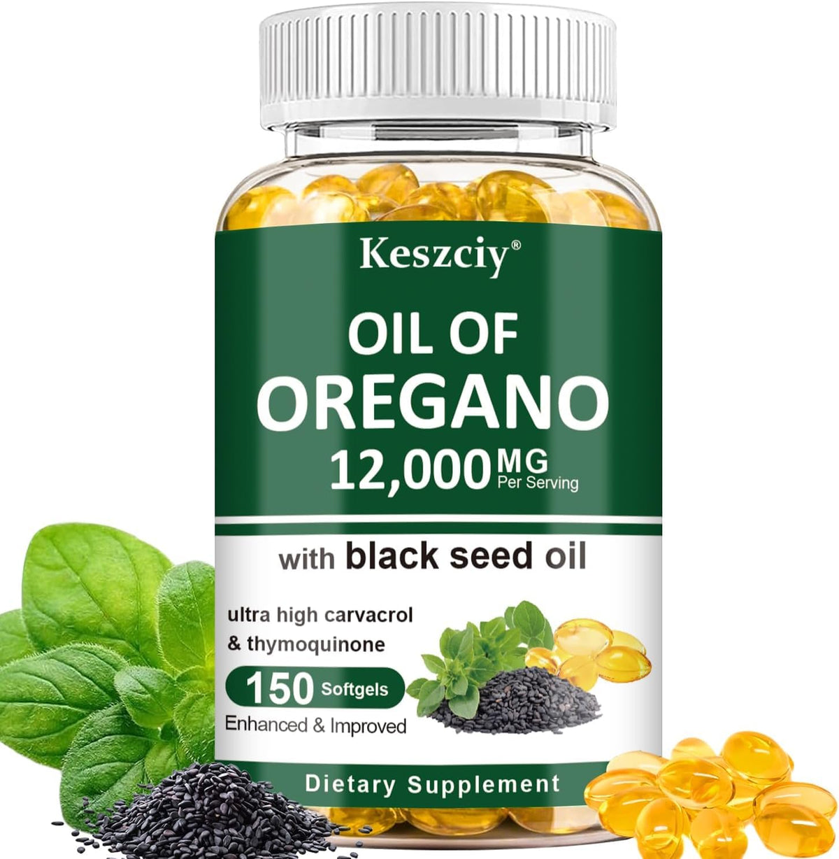 Keszciy frasco frente mostrando 150 softgels y duración 75 días