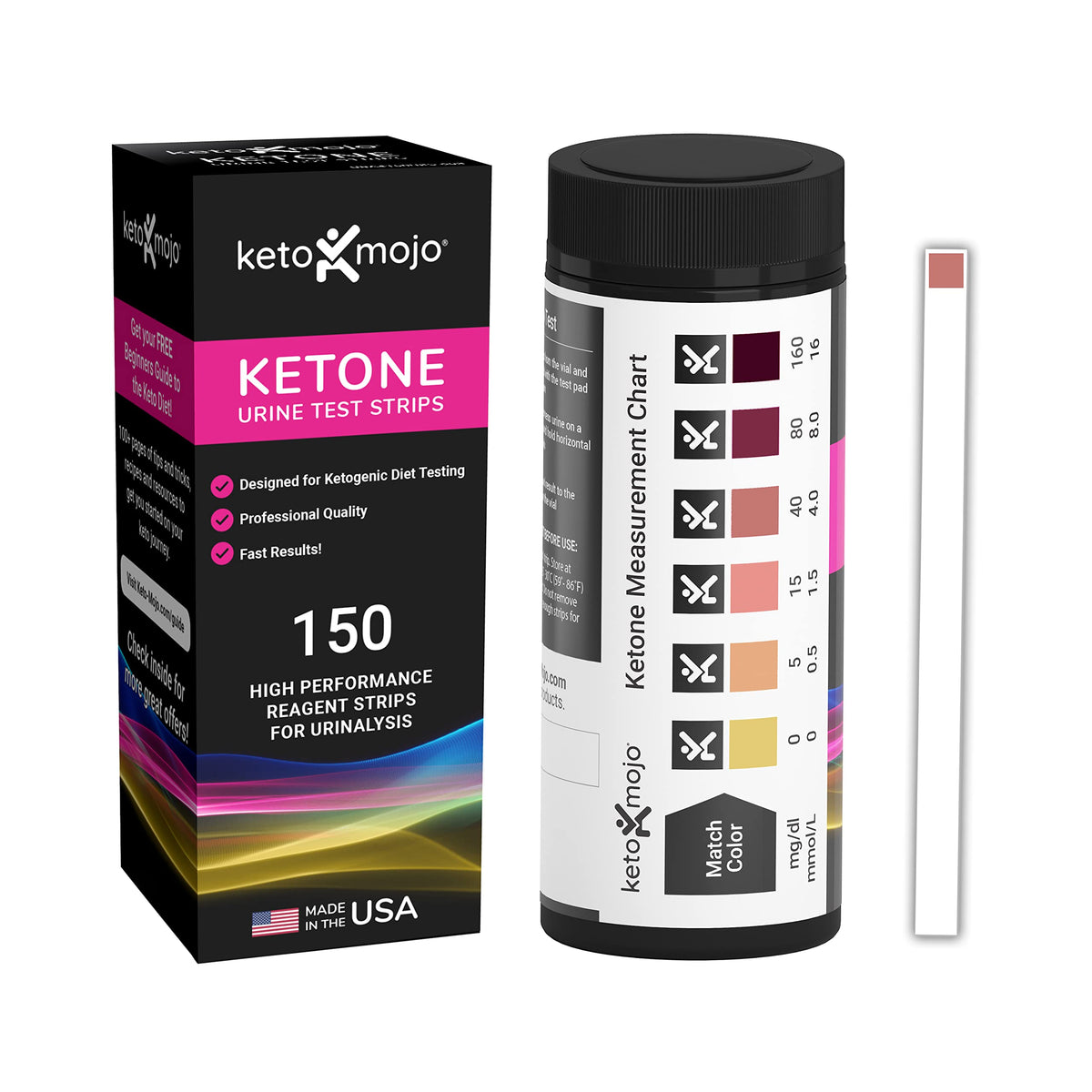 Keto-Mojo frasco con 150 tiras mostrando cantidad y conveniencia