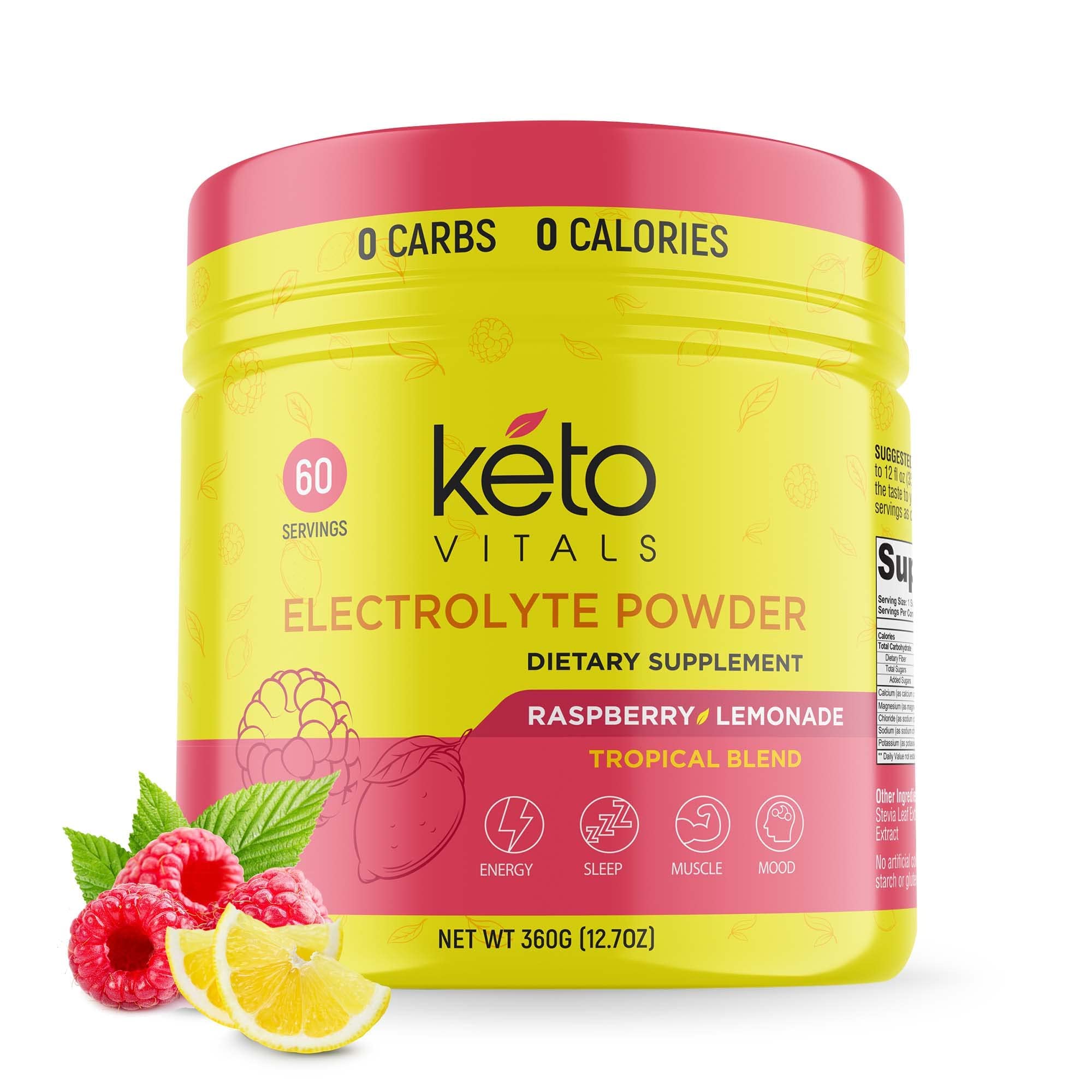 Keto Vitals frente del envase mostrando 60 servicios y beneficio de rehidratación