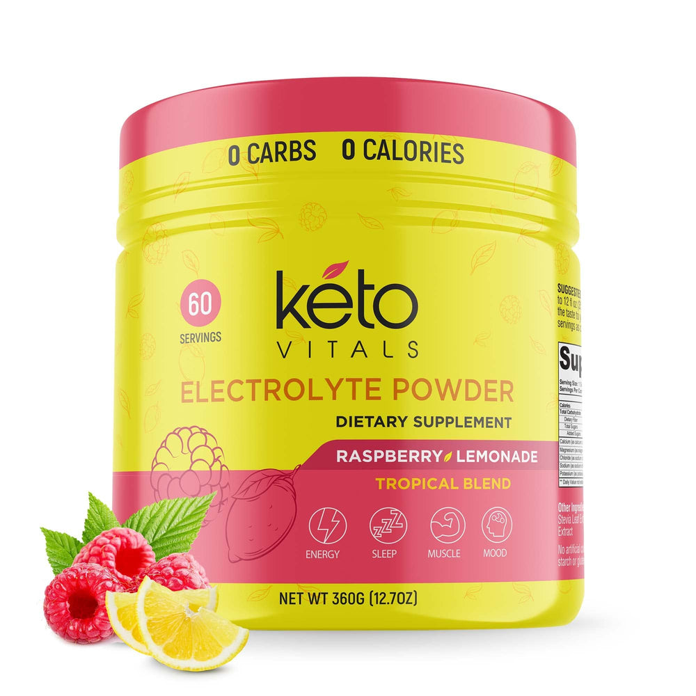 Keto Vitals frente del envase mostrando 60 servicios y beneficio de rehidratación