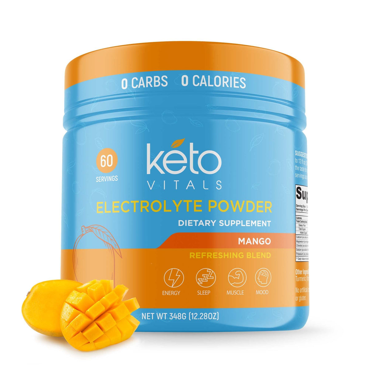 Keto Vitals frente del envase mostrando 60 servicios y sin azúcares
