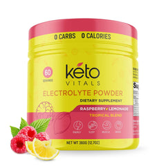 Keto Vitals frente del envase mostrando 60 servicios y beneficio de rehidratación