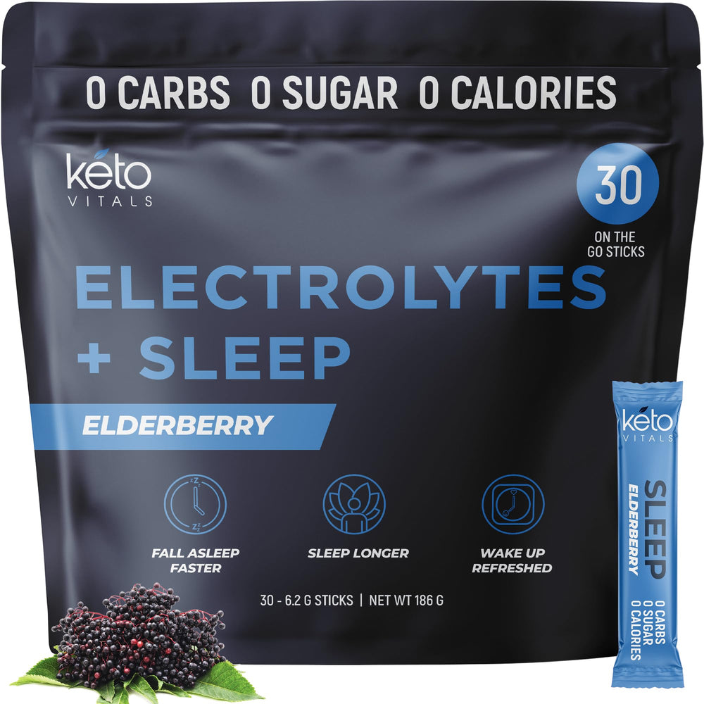 Keto Vitals empaque frontal mostrando sobres y sabor Elderberry beneficio rehidratación