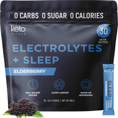 Keto Vitals empaque frontal mostrando sobres y sabor Elderberry beneficio rehidratación