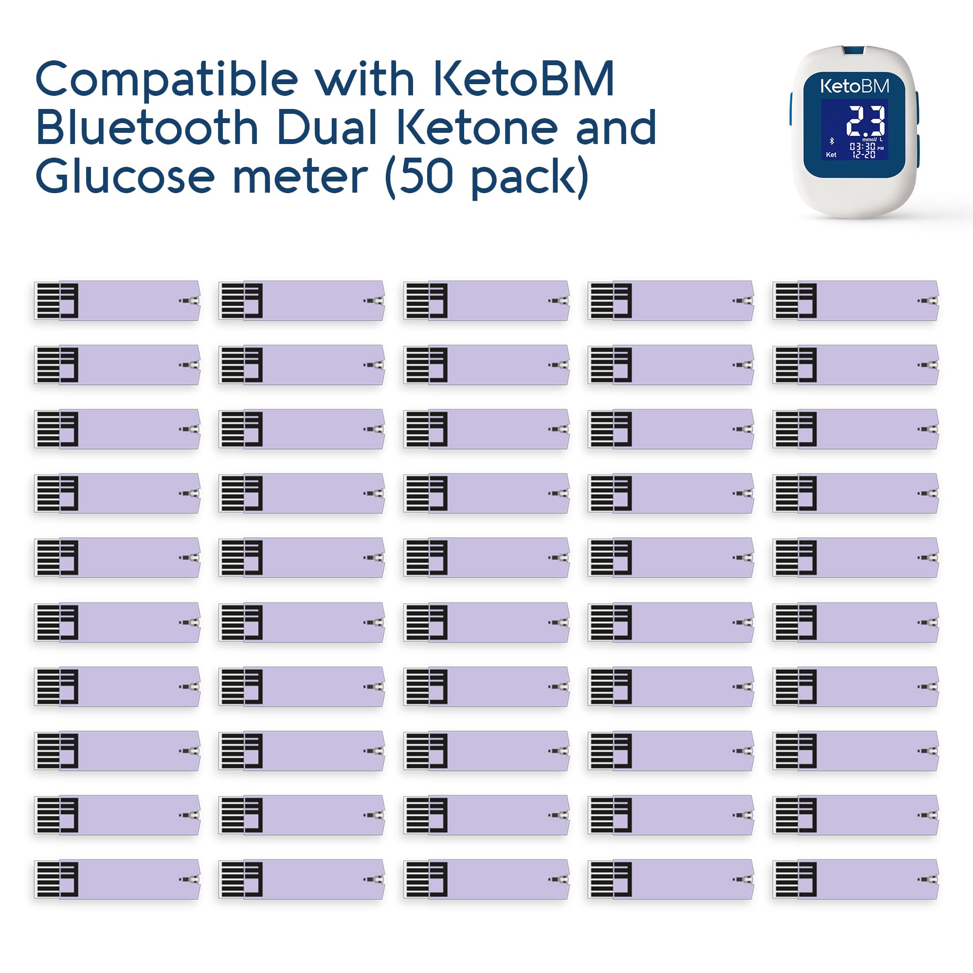 KetoBM tiras insertadas en el medidor Bluetooth demostrando uso rápido y sincronización