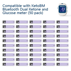 KetoBM tiras insertadas en el medidor Bluetooth demostrando uso rápido y sincronización