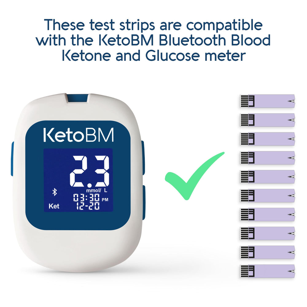 KetoBM comparación de tamaño del frasco para 50 tiras mostrando portabilidad y almacenamiento