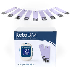 KetoBM paquete frontal de 50 tiras mostrando compatibilidad y beneficio de cantidad