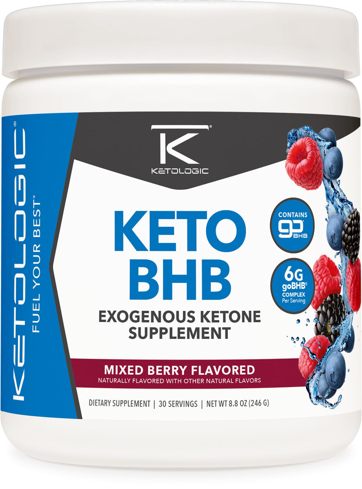 Ketologic botella frontal Mixed Berry mostrando 30 servicios y sello NSF para confianza