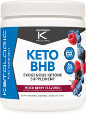 Ketologic botella frontal Mixed Berry mostrando 30 servicios y sello NSF para confianza