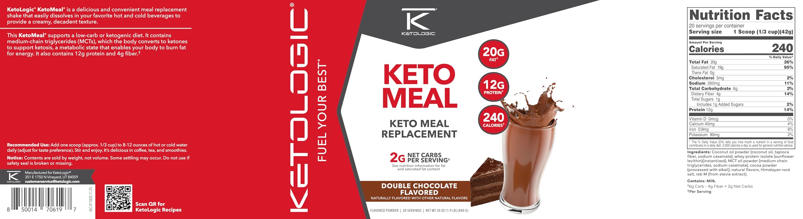 Ketologic etiqueta nutricional resaltando macros bajos en carbohidratos.