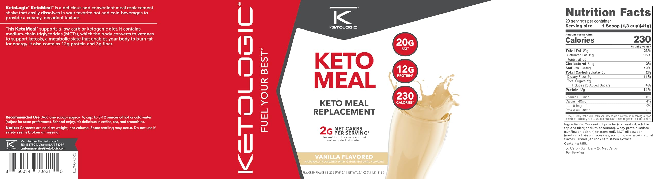 Ketologic etiqueta de ingredientes mostrando MCT y perfil nutricional