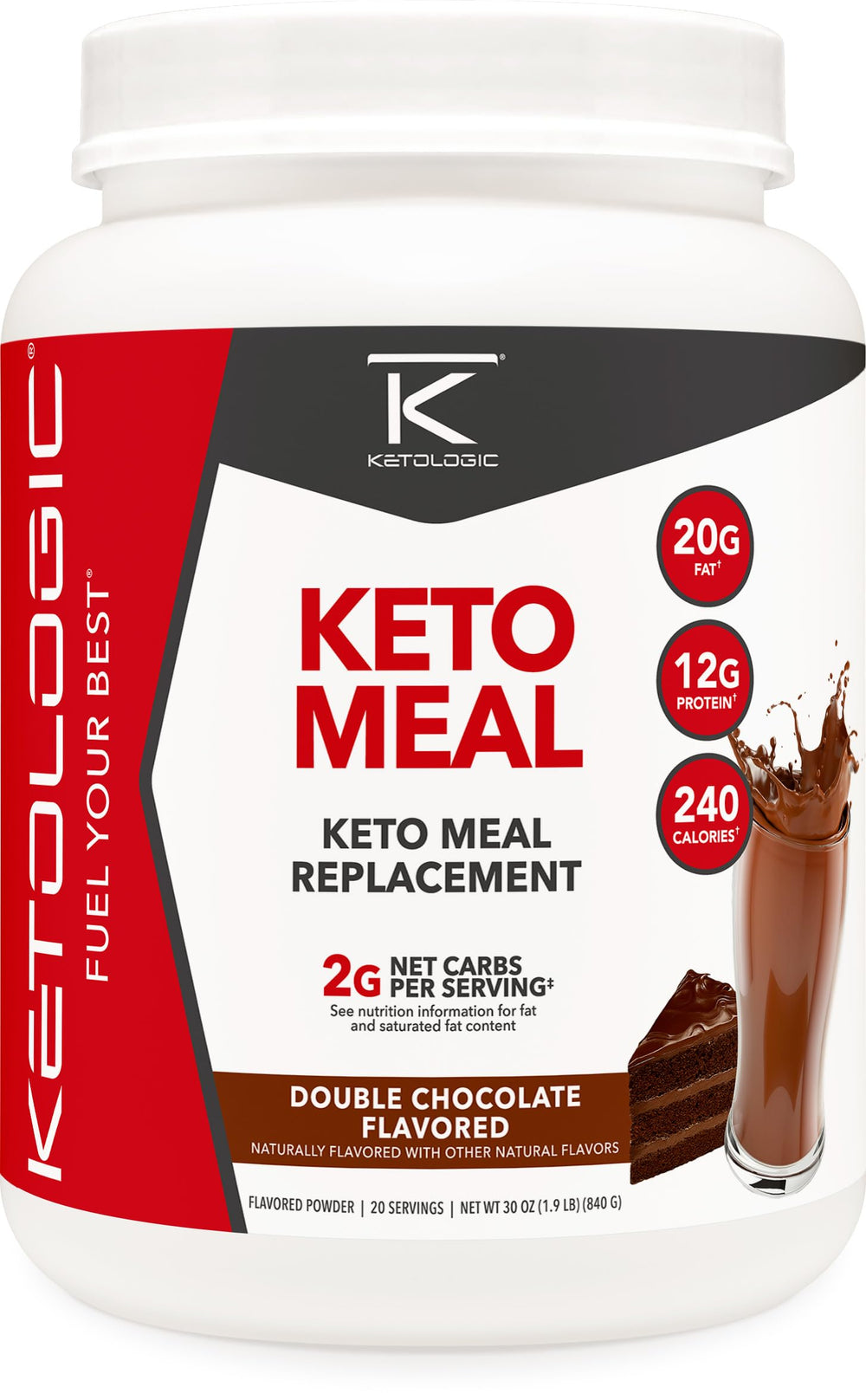 Ketologic envase frontal chocolate mostrando beneficios cetogénicos.