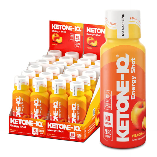 Ketone-IQ vista frontal del envase durazno mostrando diseño y tamaño útil